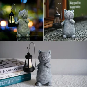 19.5cm Cat Statues with Solar Lantern - Lawn Garden Decor - Grey