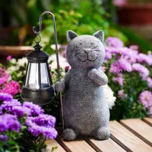 19.5cm Cat Statues with Solar Lantern - Lawn Garden Decor - Grey