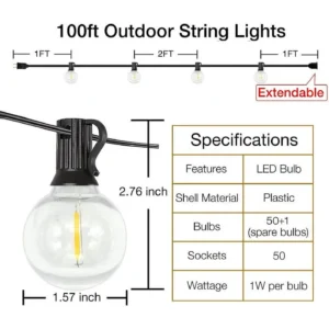 Outdoor String Lights,100ft, with 50 G40